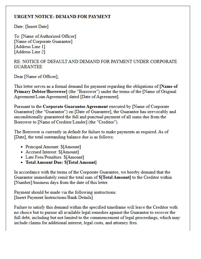 Corporate Guarantor Liability Demand Letter