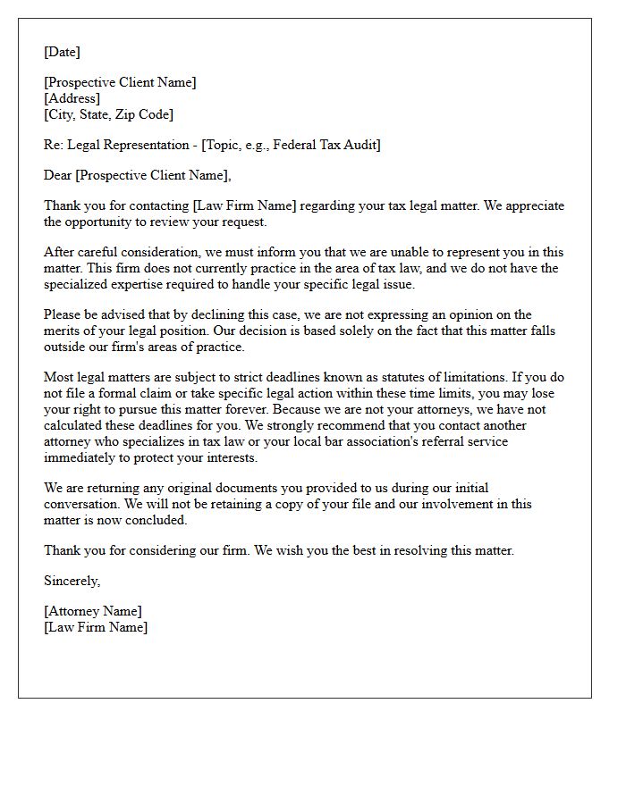 Tax Law Out of Practice Area Non-Engagement Letter