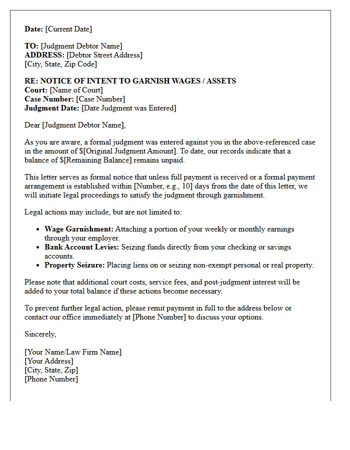 Post-Judgment Garnishment Warning Letter