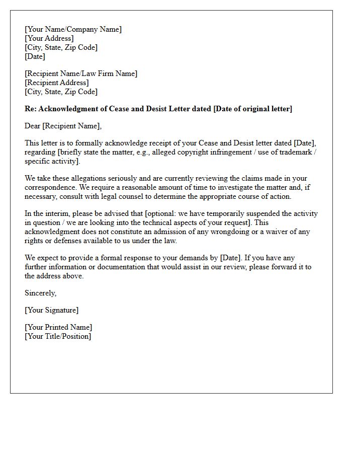 Cease and Desist Acknowledgment Letter