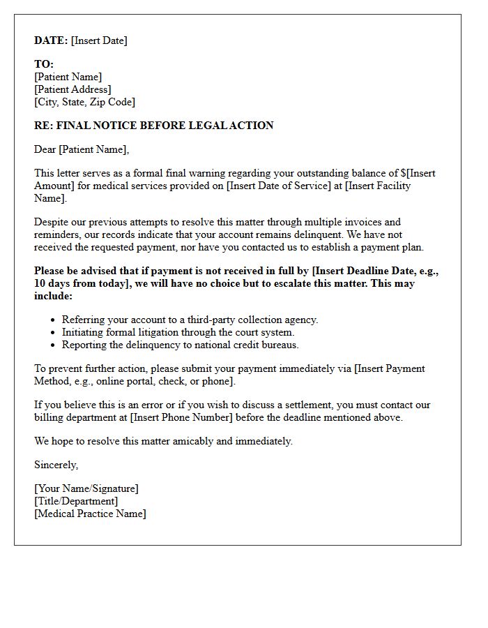 Final Warning Letter Before Litigation for Medical Services