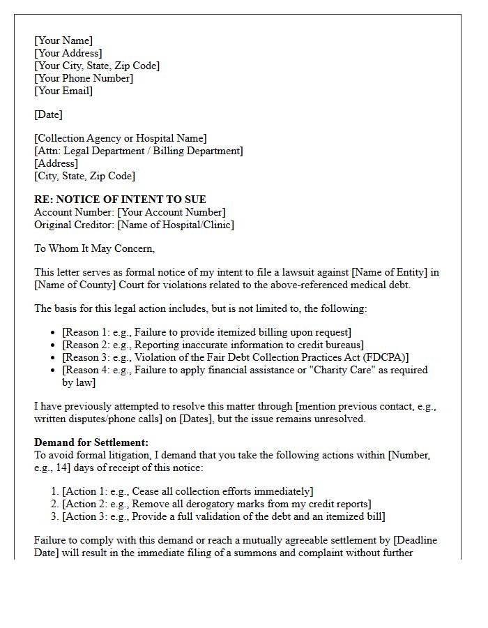 Notice of Intent to Sue Letter for Medical Debt