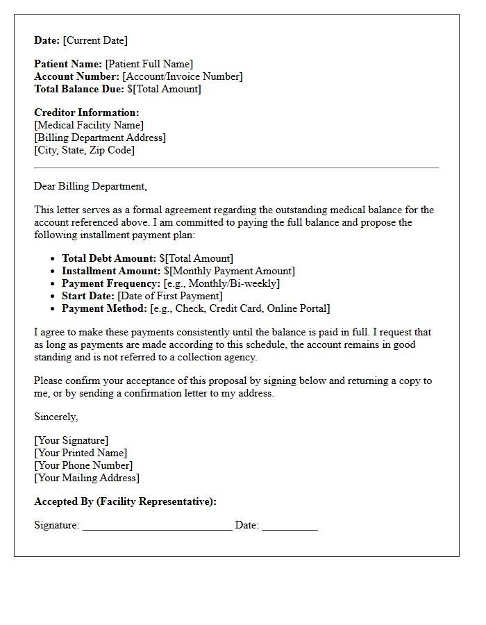 Payment Plan Installment Agreement Letter for Medical Fees