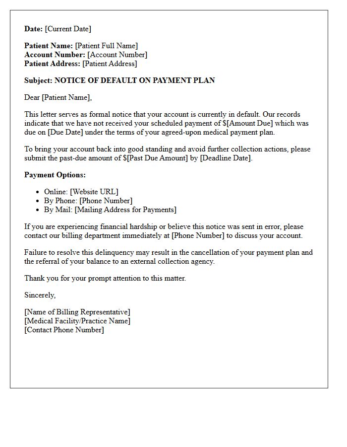 Notice of Default on Payment Plan Letter for Medical Services