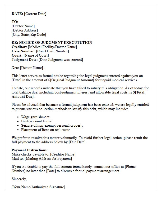 Post-Judgment Collection Letter for Medical Services Fee