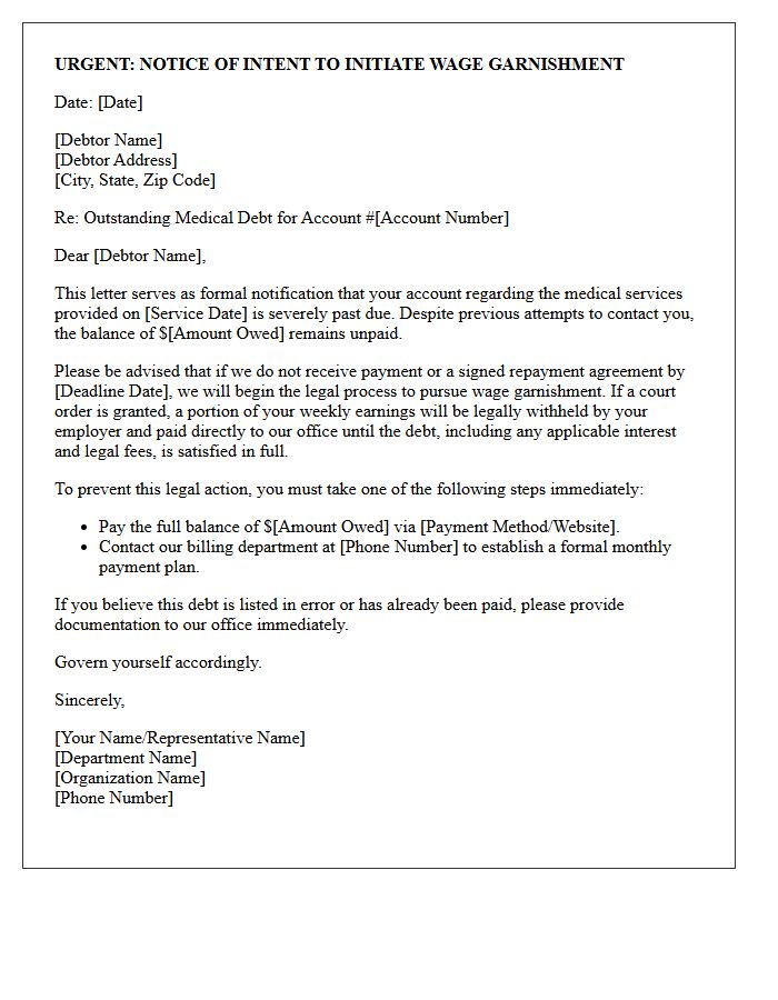 Wage Garnishment Warning Letter for Outstanding Medical Debt