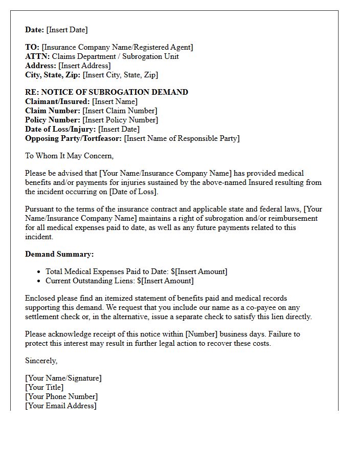 Health Insurance Subrogation Demand Letter for Medical Fees