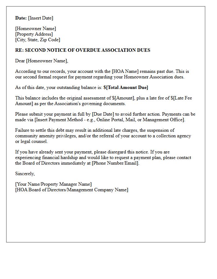 Second Warning Homeowner Association Dues Letter