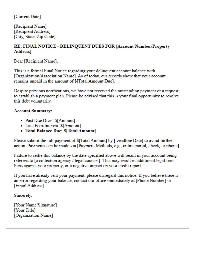 Final Notice of Delinquent Dues Letter