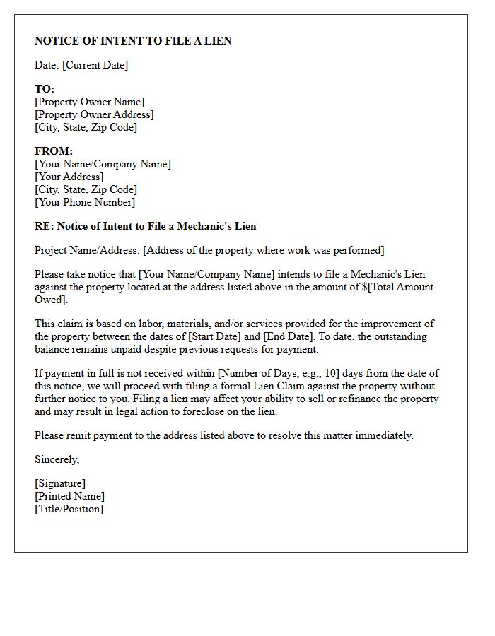 Notice of Intent to File Lien Letter