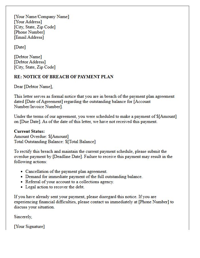 Breach of Payment Plan Notification Letter