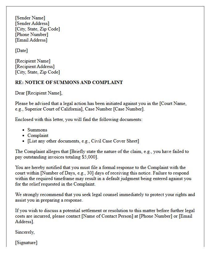 Draft Summons and Complaint Notification Letter