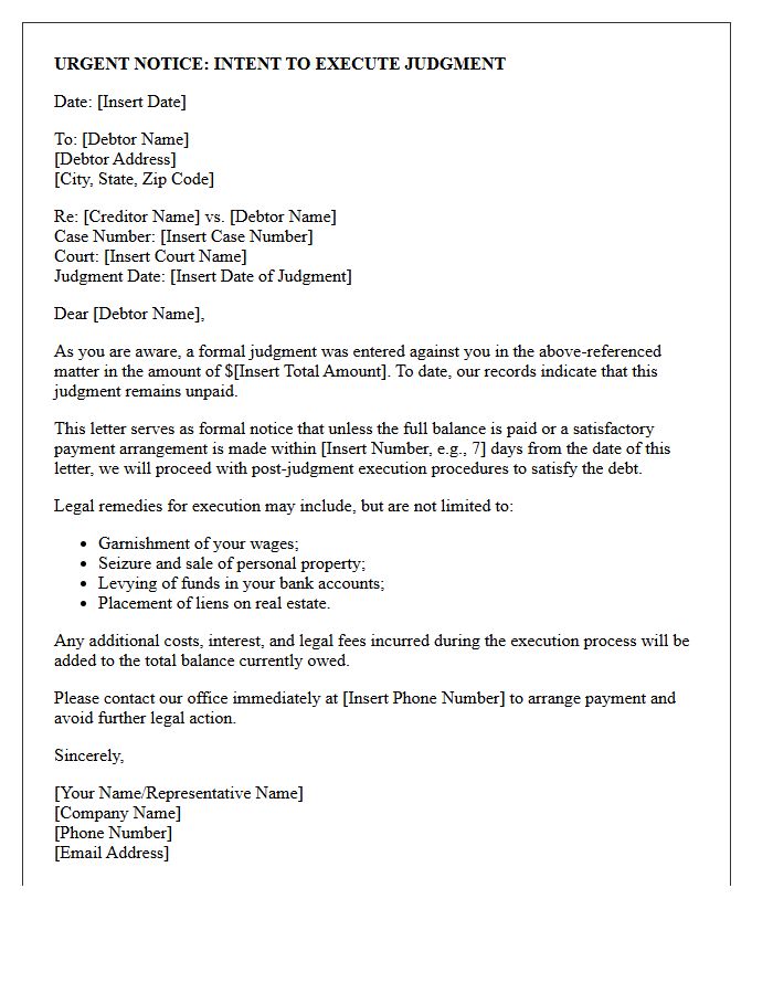 Post-Judgment Execution Warning Letter