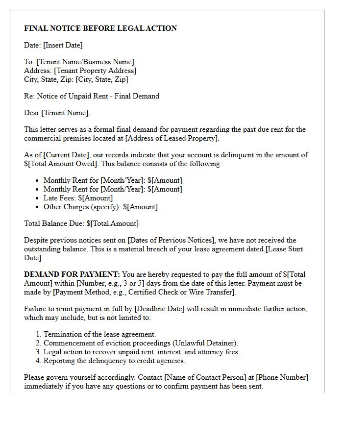 Final Notice Commercial Lease Rent Demand Letter