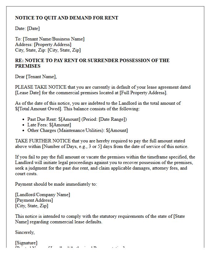 Notice To Quit And Commercial Lease Rent Demand Letter