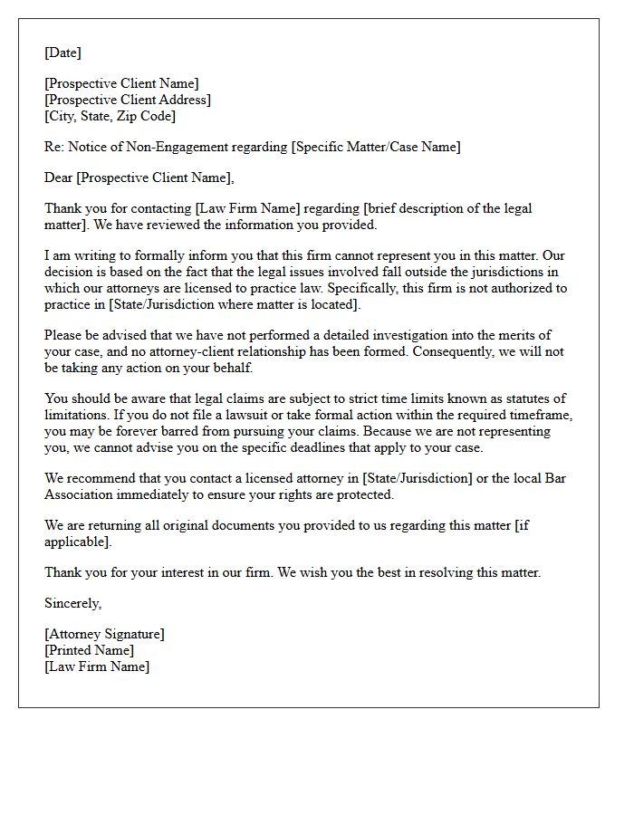 Out of Jurisdiction Matter-Specific Non-Engagement Letter