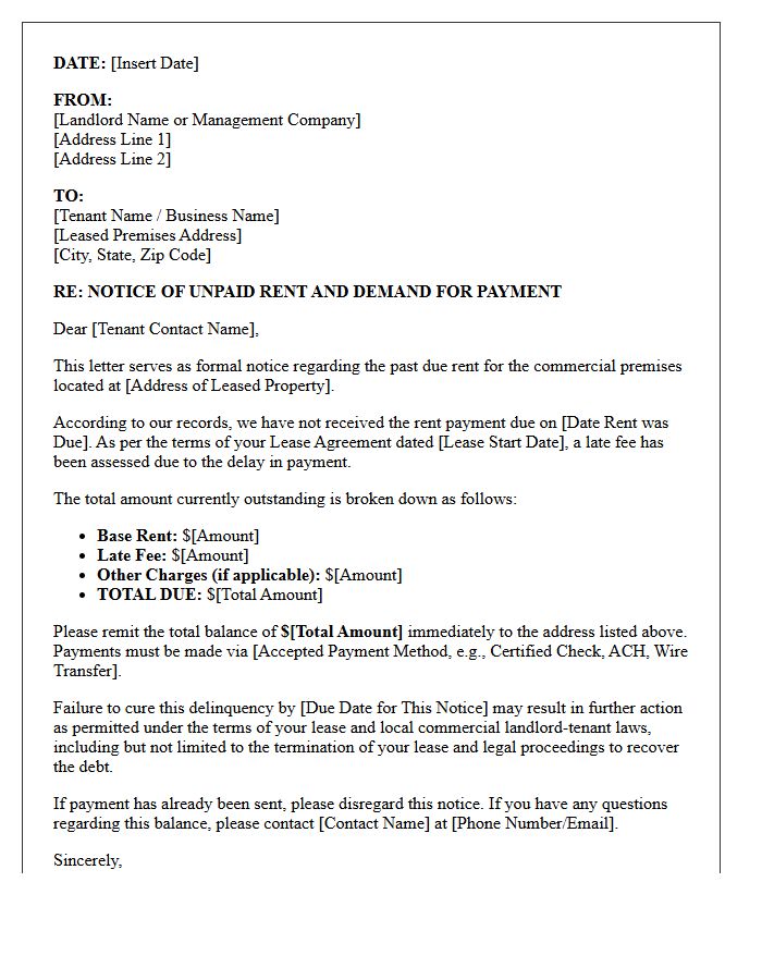 Late Fee Inclusive Commercial Lease Rent Demand Letter