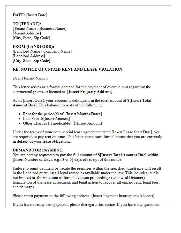 Eviction Warning Commercial Lease Rent Demand Letter