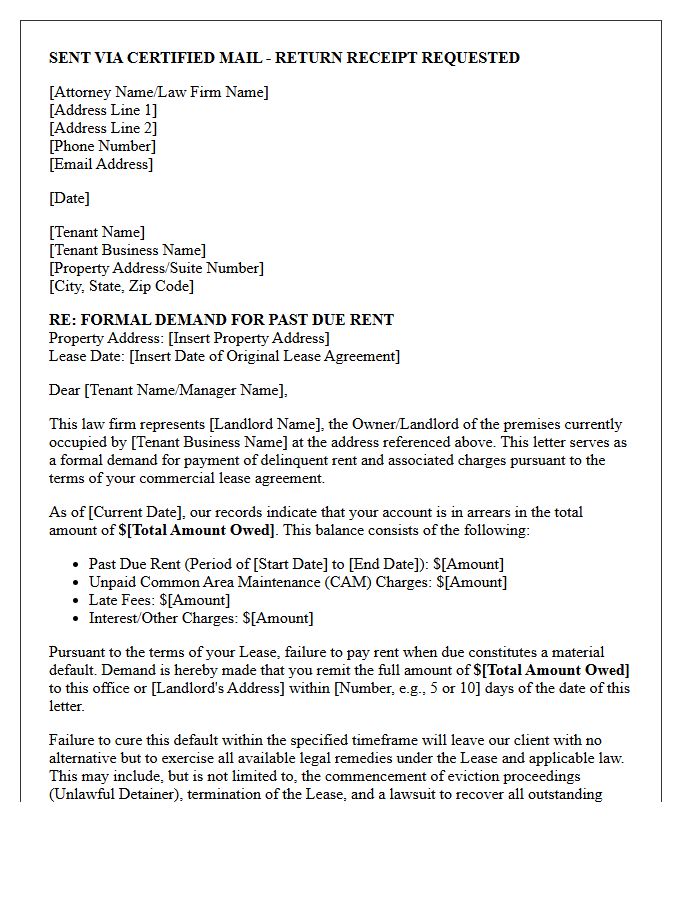 Formal Attorney Commercial Lease Rent Demand Letter