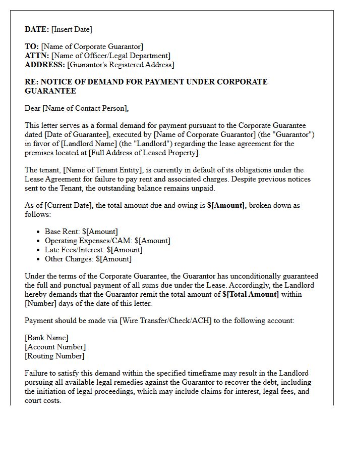 Corporate Guarantor Commercial Lease Rent Demand Letter