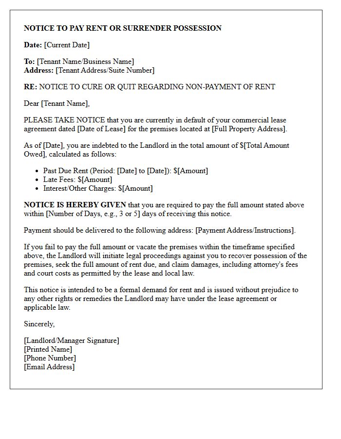 Cure Or Quit Commercial Lease Rent Demand Letter