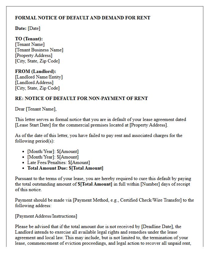 Default Notice Commercial Lease Rent Demand Letter