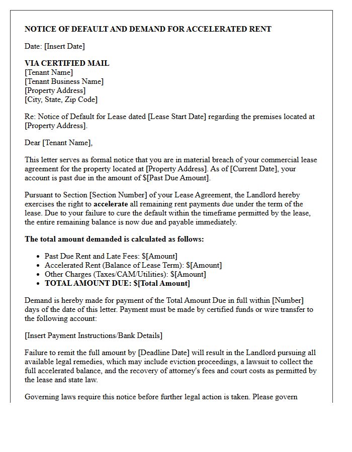 Accelerated Balance Commercial Lease Rent Demand Letter