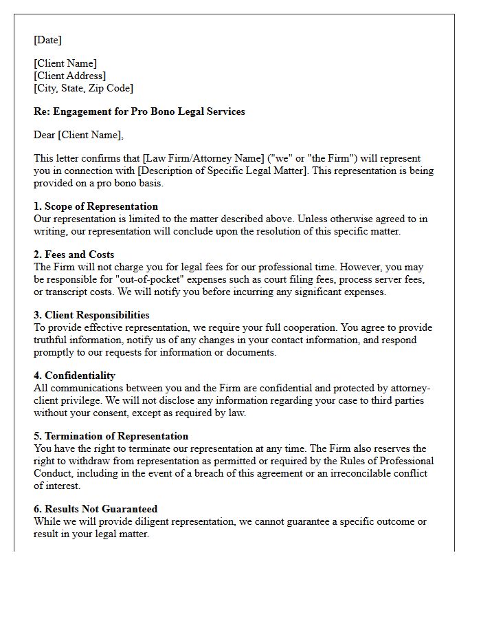 Standard Pro Bono Legal Services Engagement Letter