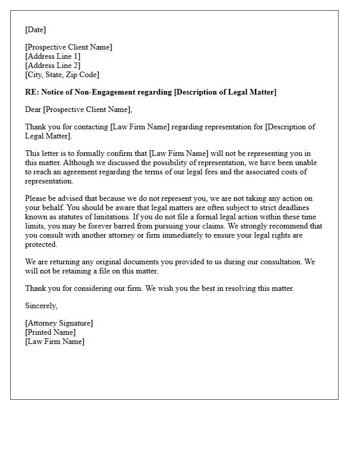 Failure to Agree on Fee Terms Matter-Specific Non-Engagement Letter