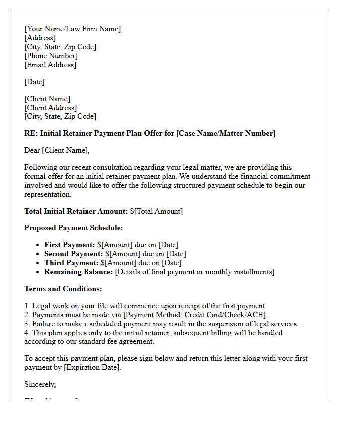 Initial Retainer Payment Plan Offer Letter