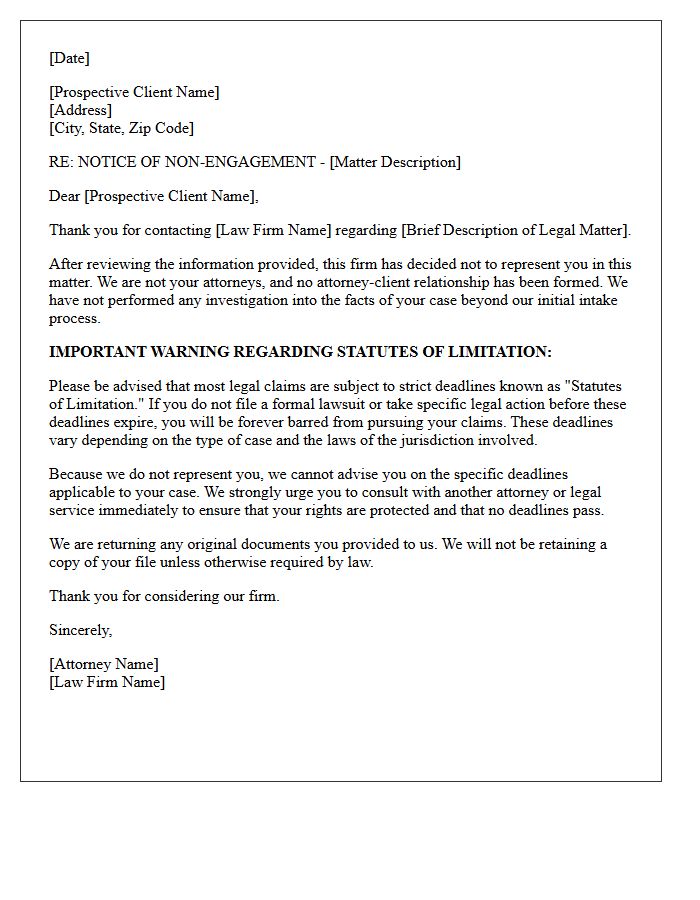 Statute of Limitations Warning Matter-Specific Non-Engagement Letter