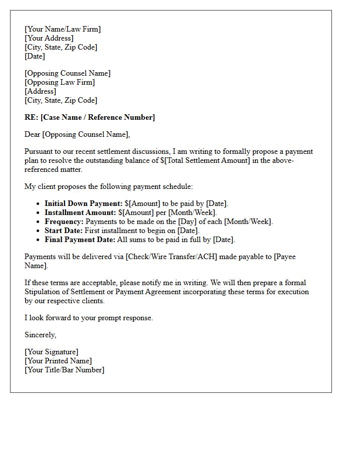 Opposing Counsel Settlement Payment Plan Letter