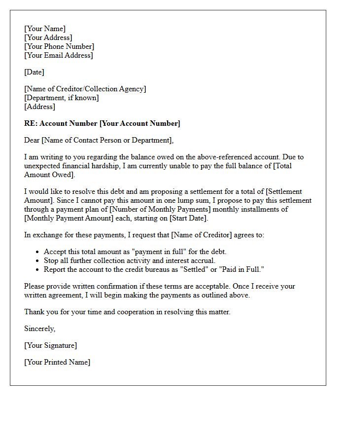 Creditor Settlement Payment Plan Negotiation Letter