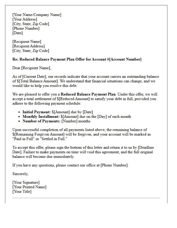 Reduced Balance Payment Plan Offer Letter