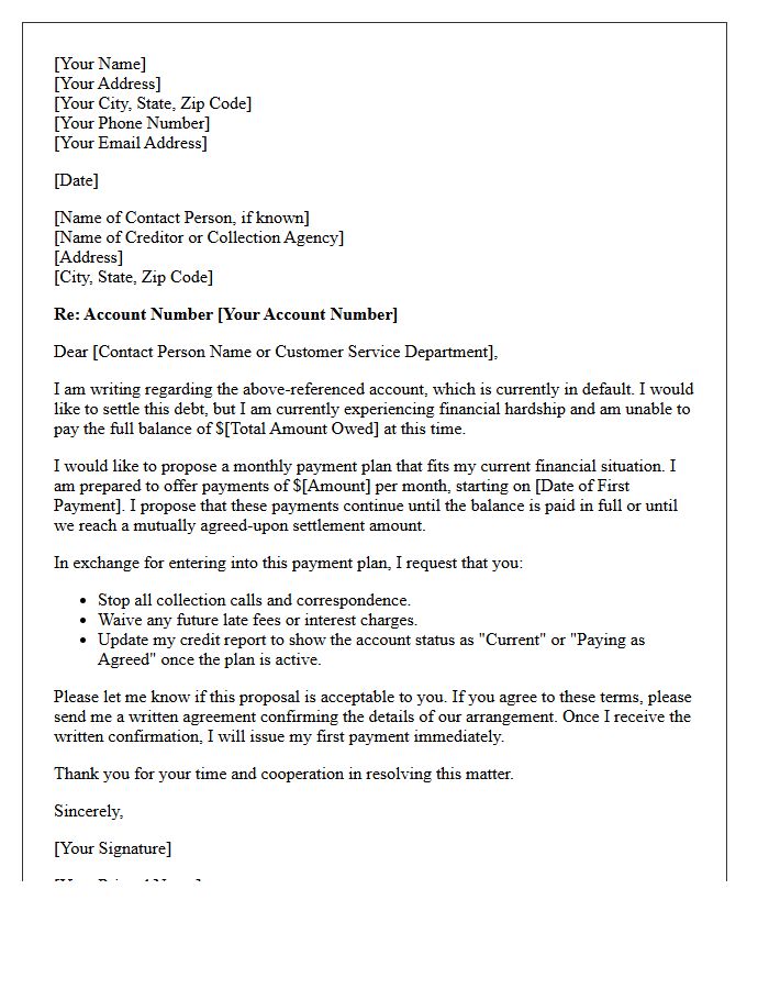 Defaulted Account Payment Plan Negotiation Letter