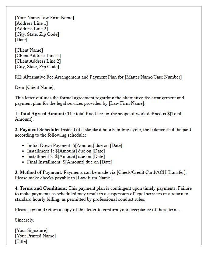 Alternative Fee Arrangement Payment Plan Letter