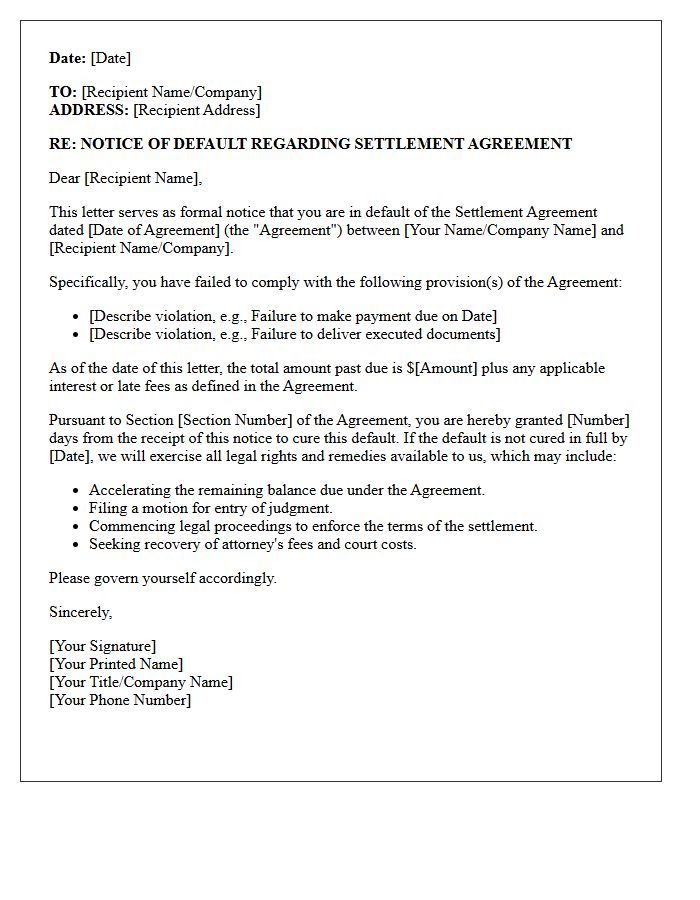 Notice of Default on Settlement Agreement Letter