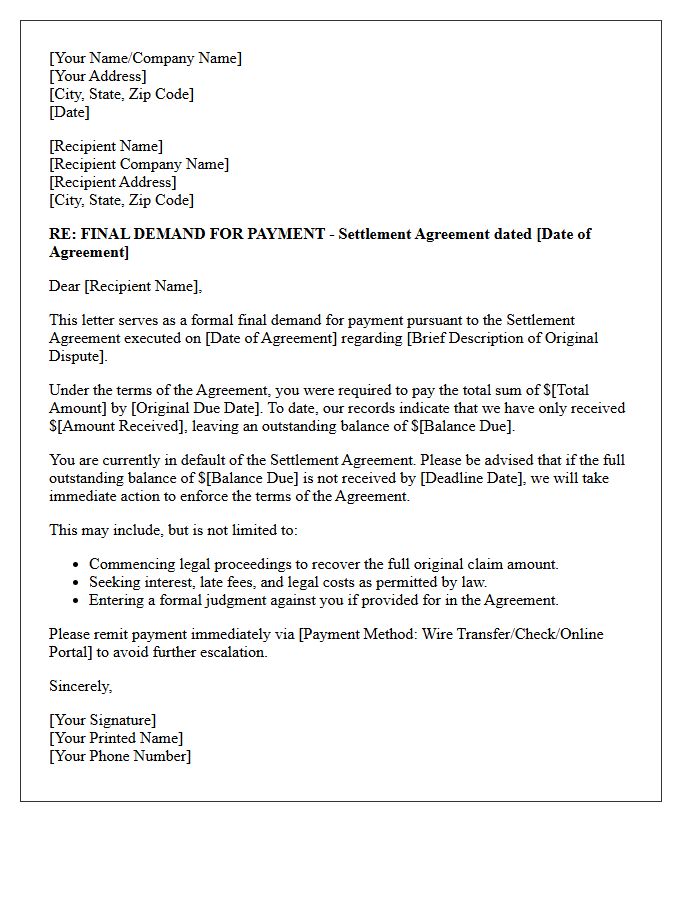Final Demand for Payment Under Settlement Agreement Letter