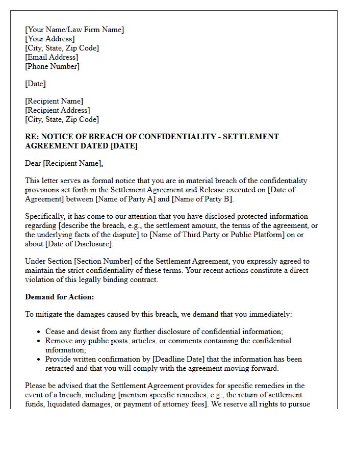 Notice of Breach of Confidentiality Settlement Terms Letter