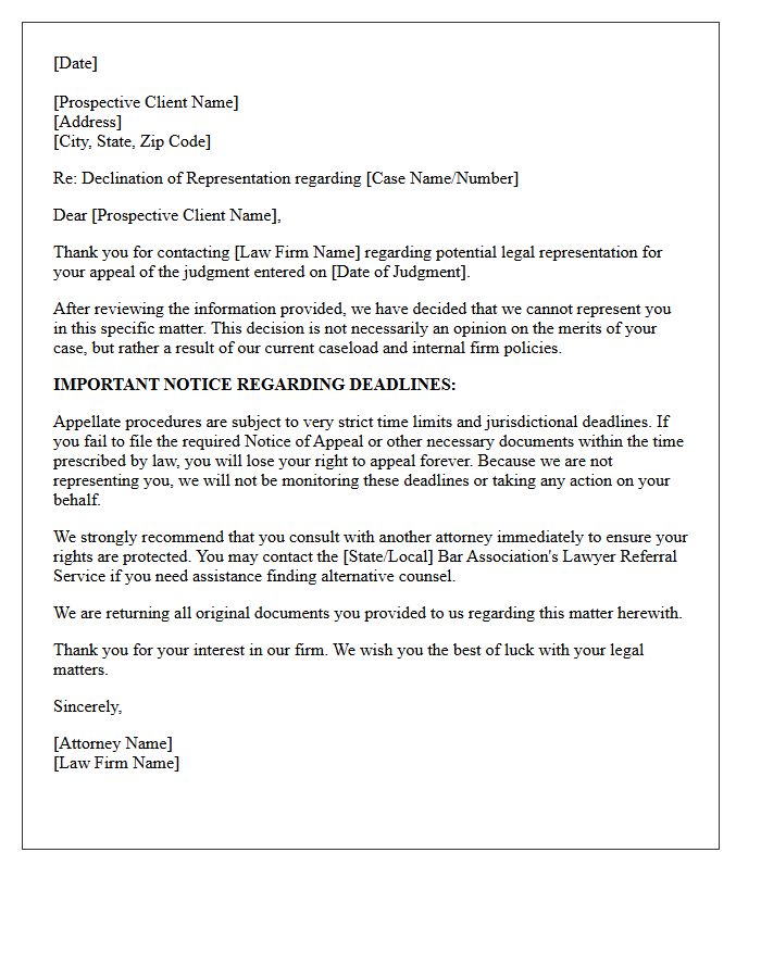 Appellate Representation Declination Matter-Specific Non-Engagement Letter