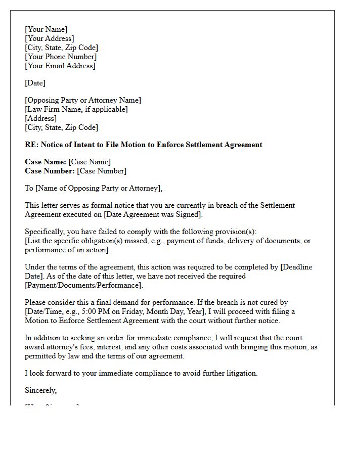 Notice of Intent to File Motion to Enforce Settlement Letter