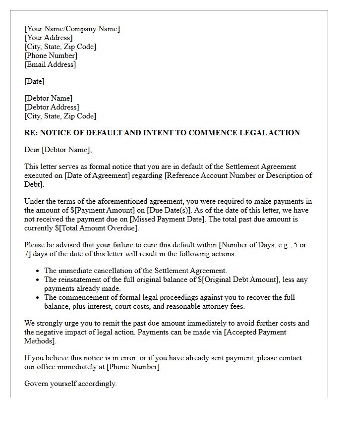Warning of Legal Action for Settlement Default Letter