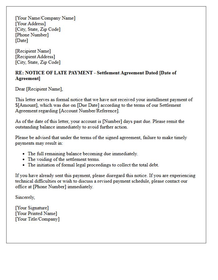 Notice of Late Payment on Settlement Installment Letter