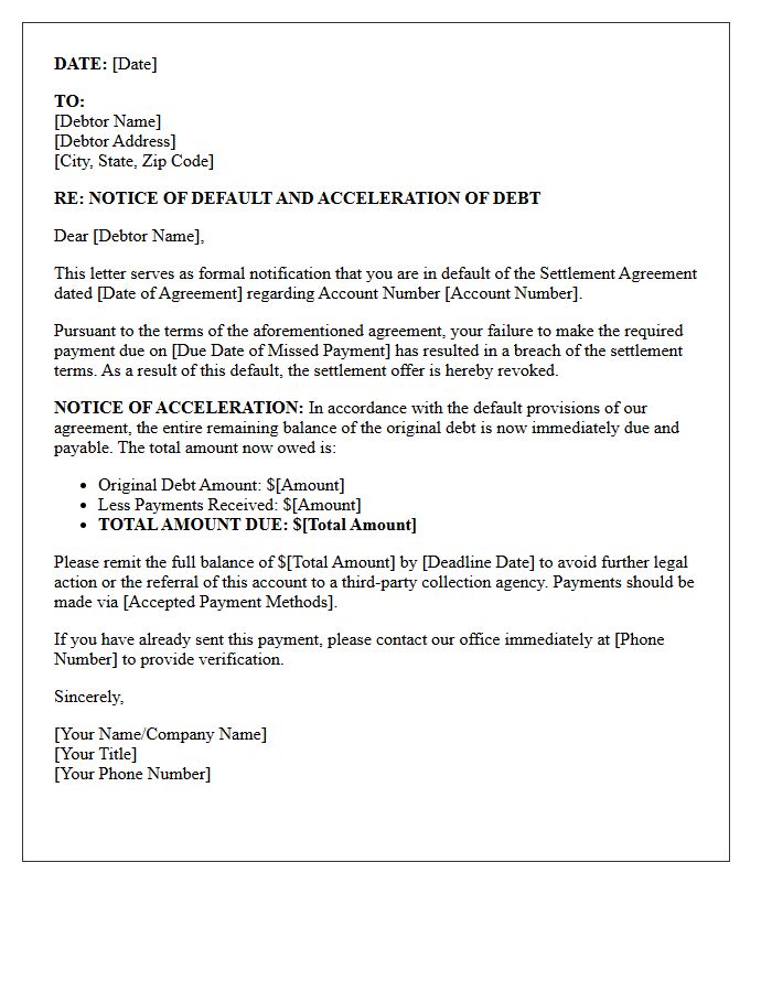 Notification of Accelerated Debt Upon Settlement Default Letter