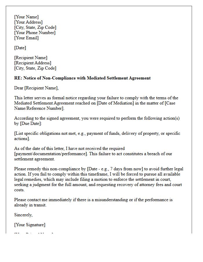 Notice of Non-Compliance With Mediated Settlement Letter