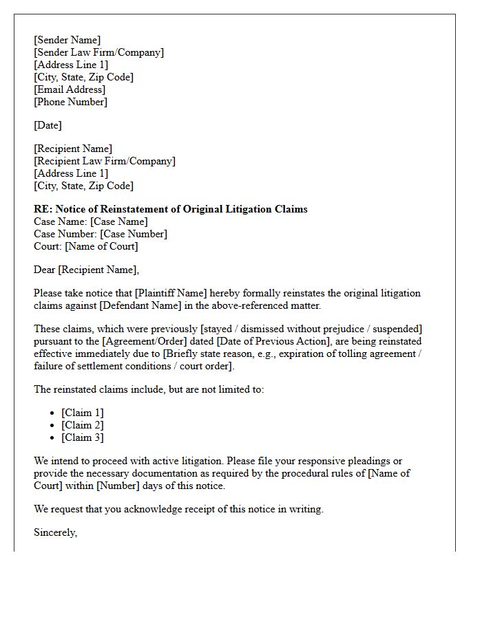 Notice of Reinstatement of Original Litigation Claims Letter