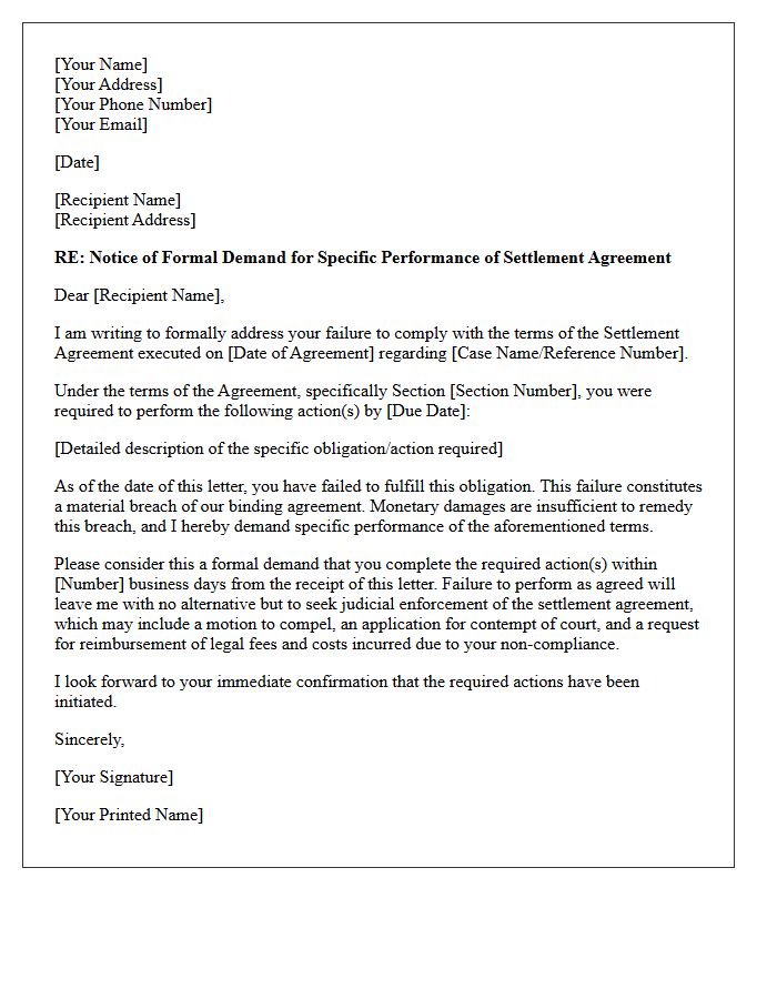 Demand for Specific Performance of Settlement Terms Letter