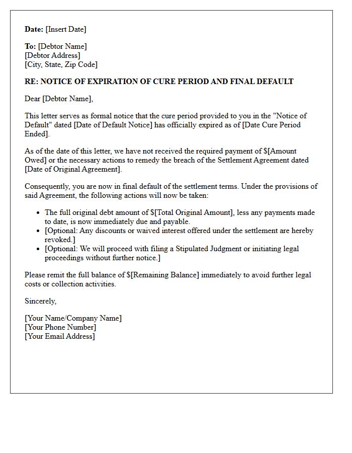 Notice of Cure Period Expiration for Settlement Default Letter
