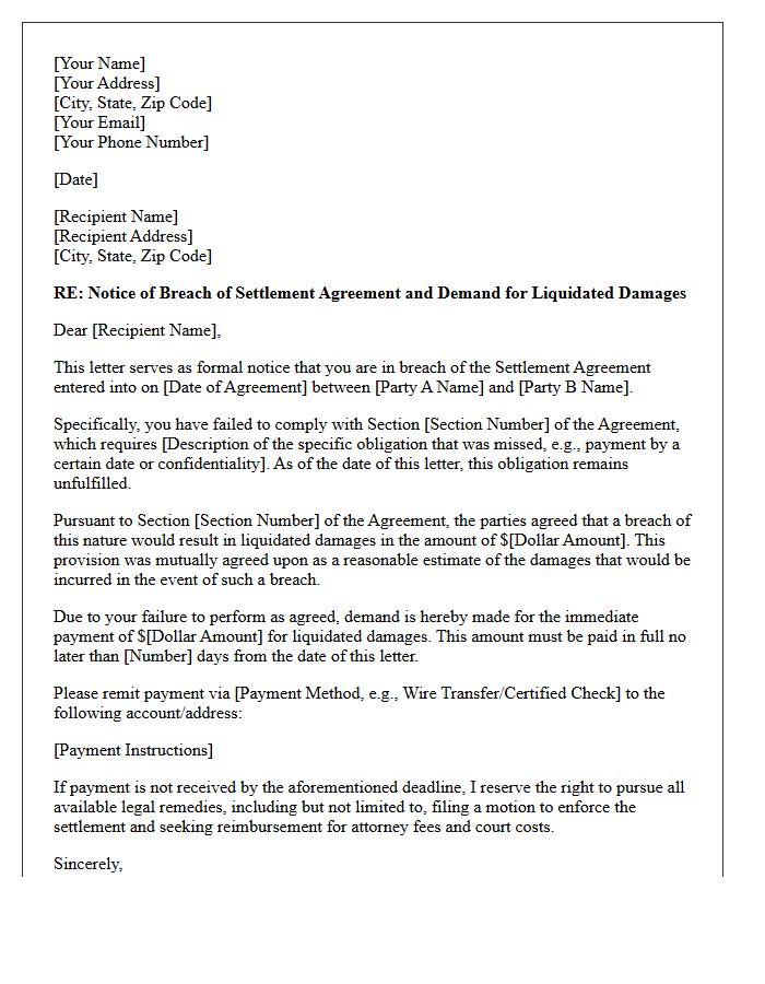 Demand for Liquidated Damages Due to Settlement Breach Letter
