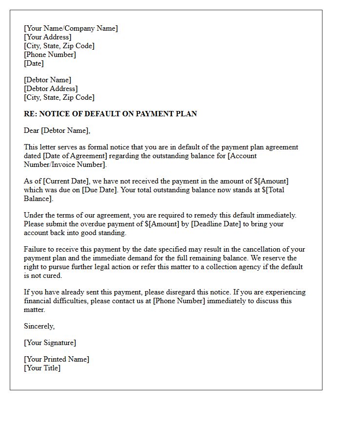Notice of Default on Payment Plan Letter